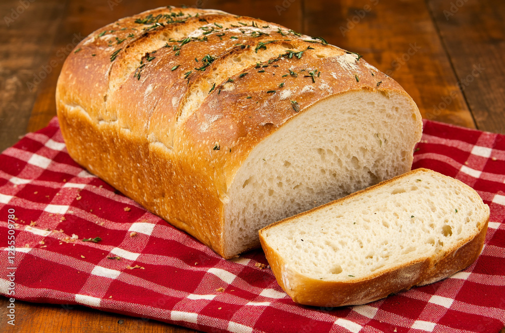 Rustic Loaf on a Red-Checked Tablecloth Ready to Serve Rustic Loaf on a Red-Checked Tablecloth Ready to Serve