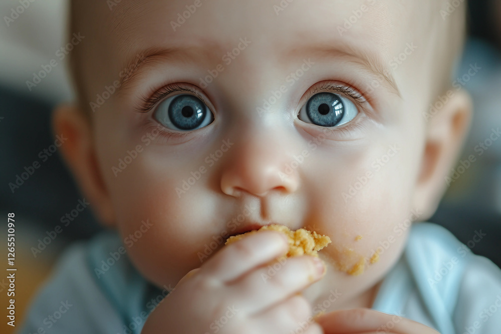 Generative AI image of a cute baby eating food in a highchair with a messy and funny expression Generative AI image of a cute baby eating food in a highchair with a messy and funny expression