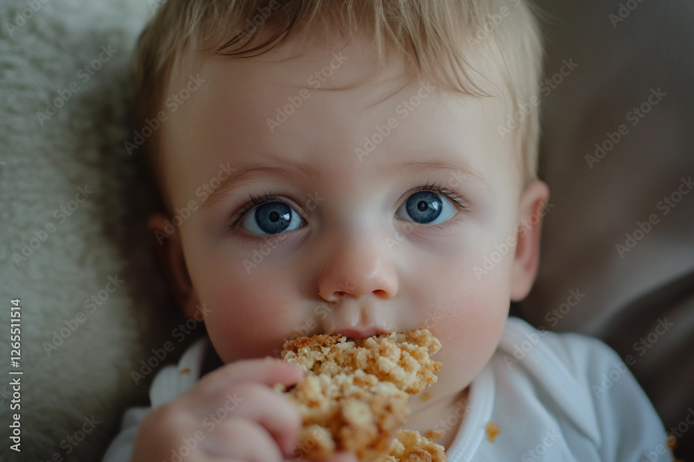 Generative AI image of a cute baby eating food in a highchair with a messy and funny expression Generative AI image of a cute baby eating food in a highchair with a messy and funny expression