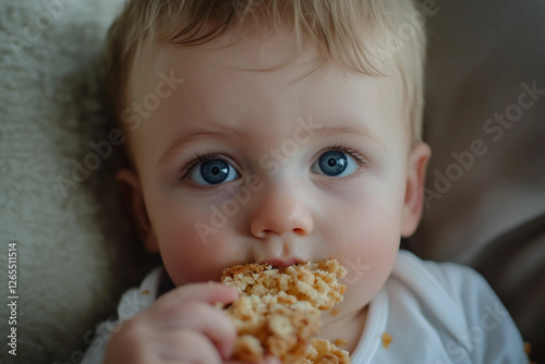 Generative AI image of a cute baby eating food in a highchair with a messy and funny expression photo