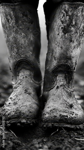 A pair of muddy boots stand firm on soiled ground
