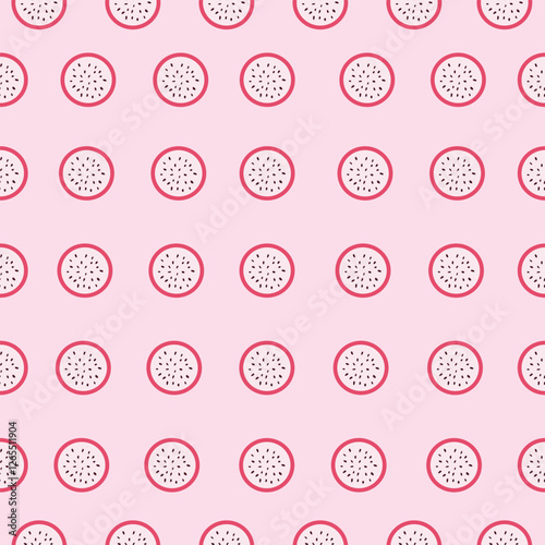 Vector seamless pattern with dragon fruit slices,half cut. Fruit pattern for wallpaper, food wrapping paper, fabric, spring and summer holidays.
