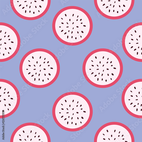 Vector seamless pattern with dragon fruit slices,half cut. Fruit pattern for wallpaper, food wrapping paper, fabric, spring and summer holidays.