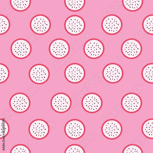 Vector seamless pattern with dragon fruit slices,half cut. Fruit pattern for wallpaper, food wrapping paper, fabric, spring and summer holidays.
