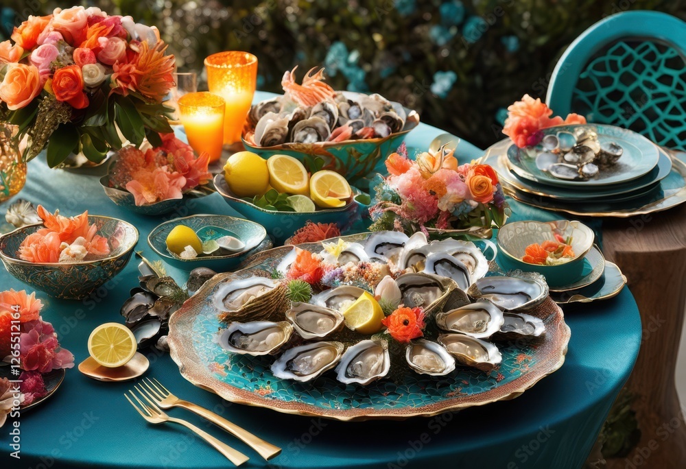 Naklejka premium vibrant seafood display arranged elegantly chic table setting colorful garnishes eye catching dinnerware, fish, shrimp, lobster, crab, oysters, sushi