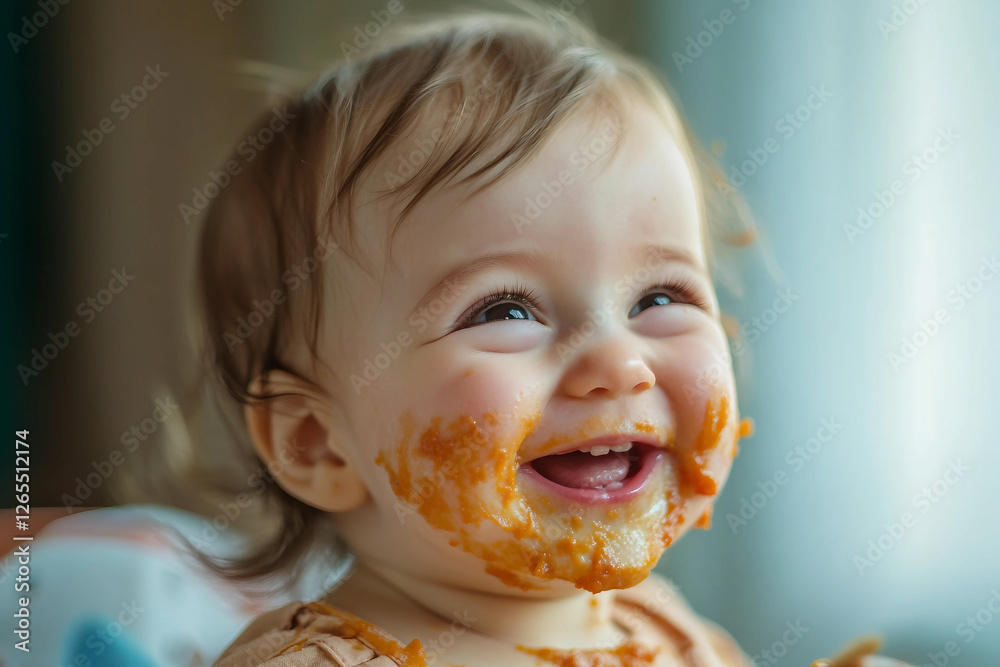 Generative AI image of a cute baby eating food in a highchair with a messy and funny expression Generative AI image of a cute baby eating food in a highchair with a messy and funny expression