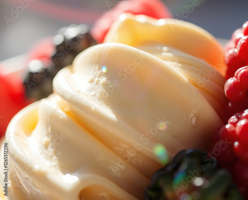 Delightful creamy dessert consisting of smooth ice cream served with fresh berries on a bright sunny day