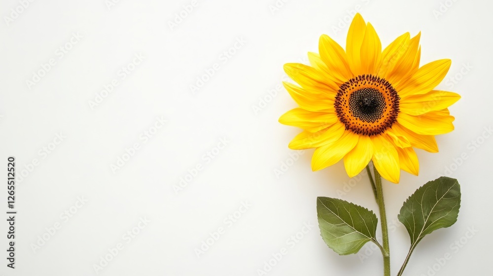 single sunflower, flat white summer background, copy and text space, 16:9 single sunflower, flat white summer background, copy and text space, 16:9