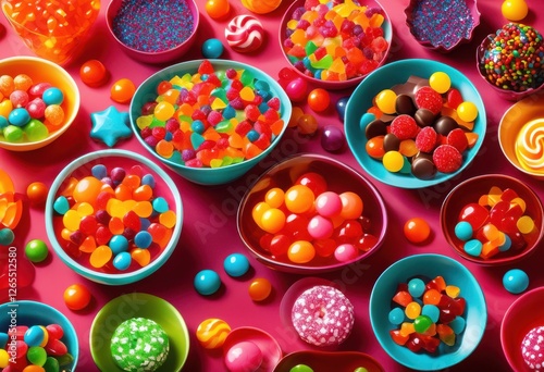 vibrant display colorful candy bowls set diverse bright backgrounds showcasing sweet treats various shapes textures, food, celebration, collection, gourmet