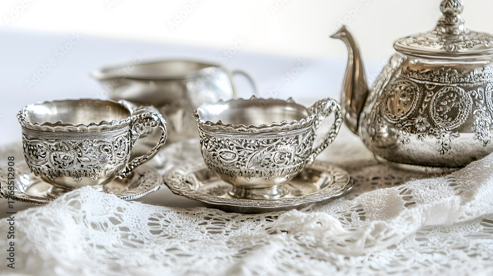 Fototapeta premium Elegant Silver Tea Set with Intricate Designs on Lace Tablecloth