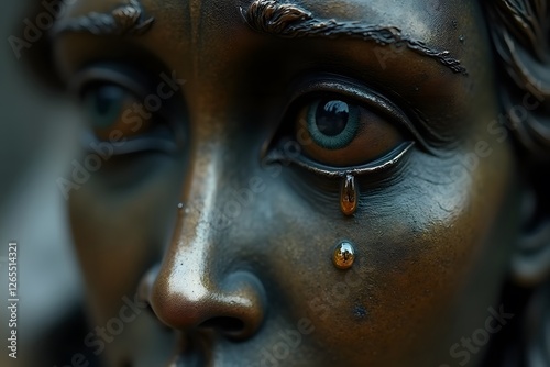 A hyper-detailed bronze statue's face shedding a single realistic tear.