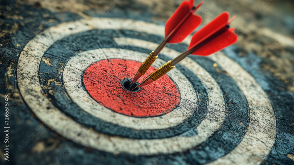 two red arrows hitting the bullseye of a worn target. The target shows signs of use and age, adding to the image's rustic charm two red arrows hitting the bullseye of a worn target. The target shows signs of use and age, adding to the image's rustic charm