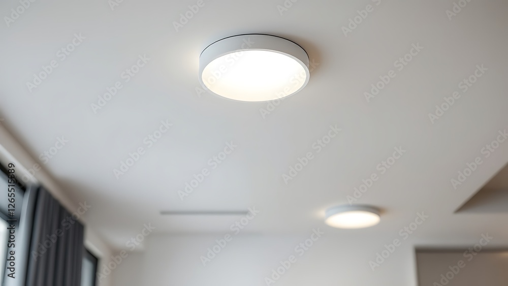 Fototapeta premium Spotlights recessed ceiling 3D render. Realistic interior room with round glowing downlights at night. Artificial lighting, LED lamps for home or office on dark background, angle view