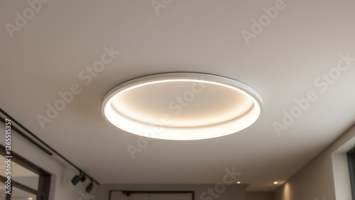 Spotlights recessed ceiling 3D render. Realistic interior room with round glowing downlights at night. Artificial lighting, LED lamps for home or office on dark background, angle view photo