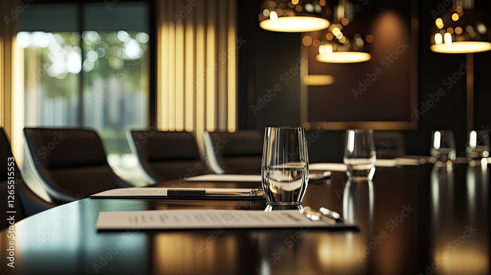 A formal meeting setup with water glasses, documents, and a centerpiece under warm pendant lighting in an executive suite. A formal meeting setup with water glasses, documents, and a centerpiece under warm pendant lighting in an executive suite.