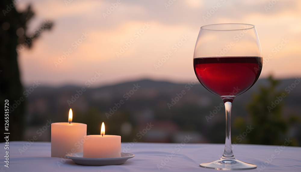 Red wine with candles at dusk - peaceful escape Red wine with candles at dusk - peaceful escape