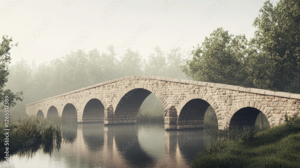 Misty morning stone bridge over calm river, tranquil forest background; ideal for travel brochures Misty morning stone bridge over calm river, tranquil forest background; ideal for travel brochures