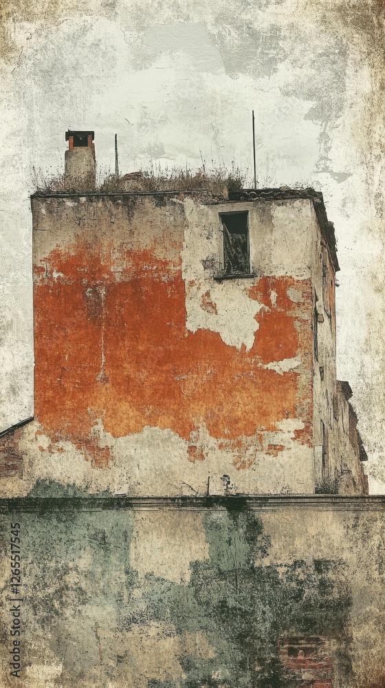 Distressed building with exposed brick and vegetation atop its roof Distressed building with exposed brick and vegetation atop its roof