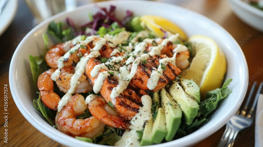 Refreshing seafood salad bowl with salmon, shrimp, and avocado, drizzled with a light lemon dressing. Refreshing seafood salad bowl with salmon, shrimp, and avocado, drizzled with a light lemon dressing.