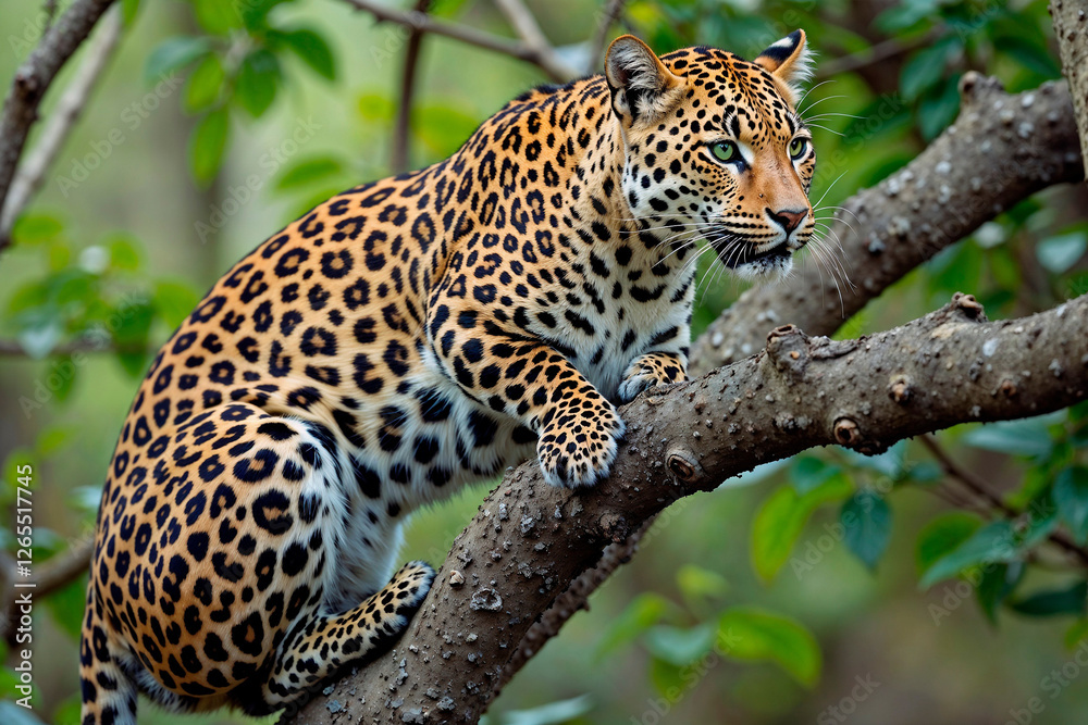 Panther preparing to jump while perched on a tree branch in a lush green environment Panther preparing to jump while perched on a tree branch in a lush green environment
