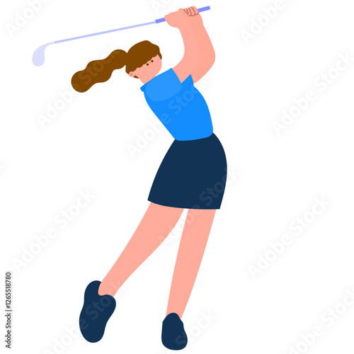 Woman playing golf, female golfer swinging club, sports vector illustration