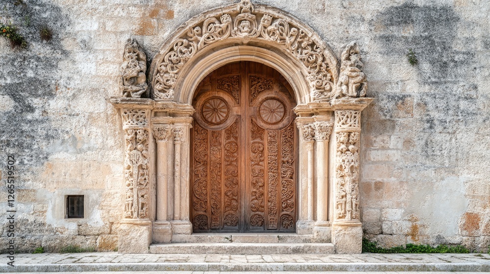 An ancient church doorway with intricate carvings and a peaceful ambiance. An ancient church doorway with intricate carvings and a peaceful ambiance.