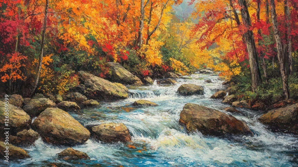 Autumn stream flows through rocky mountain forest, vibrant foliage Autumn stream flows through rocky mountain forest, vibrant foliage