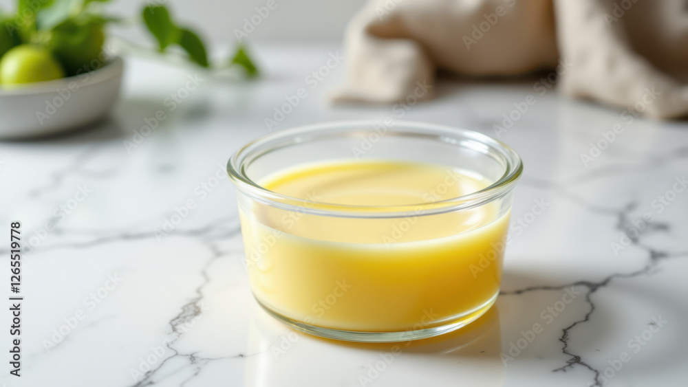 A jar filled with yellow liquid sitting on a marble countertop. A jar filled with yellow liquid sitting on a marble countertop.