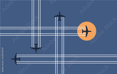 Busy air traffic is illustrated with jet airliners crossing vapor trails that follow the planes in an illustration.