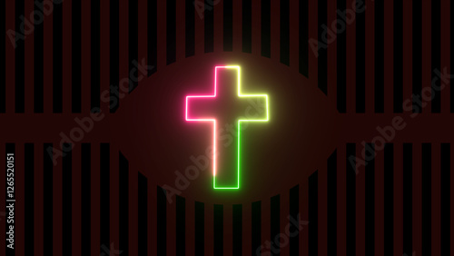 Glowing neon line Christian cross icon isolated on durk red background. Church cross.
