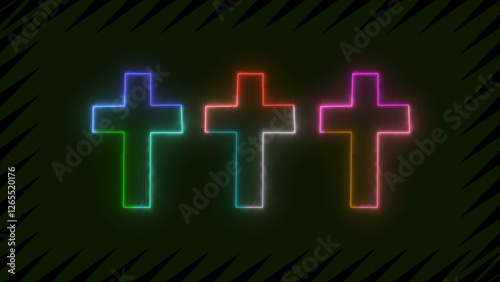 Glowing neon line Christian cross icon isolated on durk red background. Church cross.