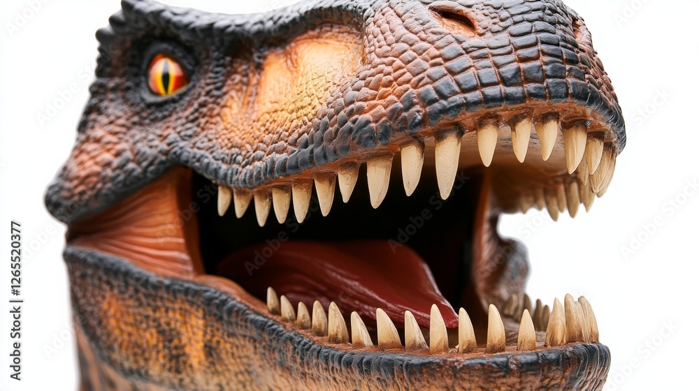 Close-up of a menacing T-Rex figurine with sharp teeth, embodying raw power and primal fear. Close-up of a menacing T-Rex figurine with sharp teeth, embodying raw power and primal fear.