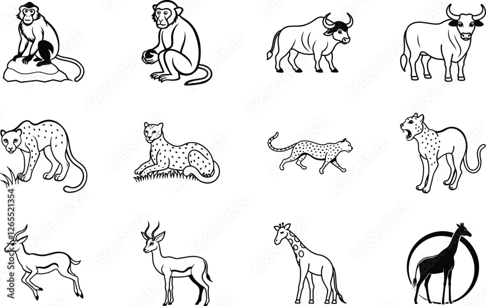 Fototapeta premium African Wildlife Monkeys, Cheetahs, Antelopes, Giraffes, and Buffalo