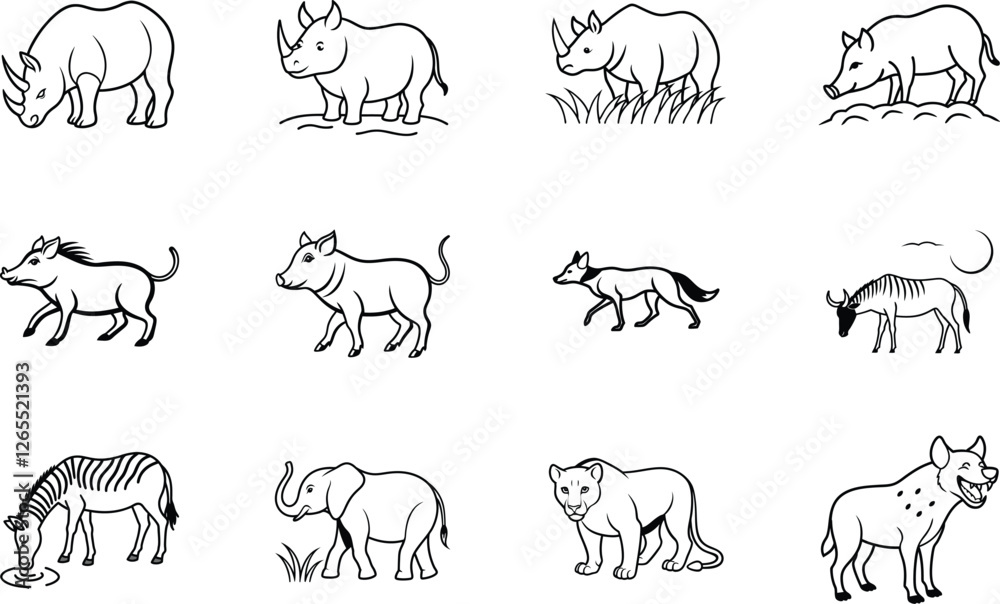 Fototapeta premium African Wildlife Line Drawings Rhino, Warthog, Wildebeest, Zebra, Lion
