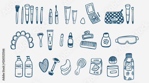 Makeup and skin care line doodle collection, beauty cream elements, lipstick, mascara, mask, moisturizing. Vector illustration