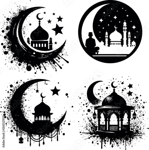 A set of Islamic Art Ramadan Silhouette Design with Traditional Symbols