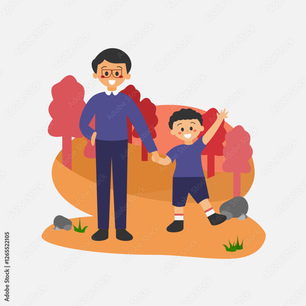 Flat illustration of a father and son spending time together in a nature setting, warm family bonding moment Flat illustration of a father and son spending time together in a nature setting, warm family bonding moment