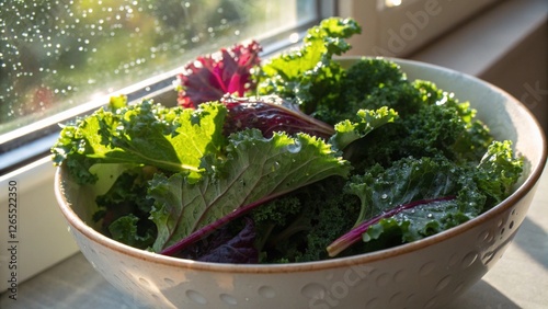 Fresh Kale and Red Leaf Lettuce Salad Bowl: A rustic bowl brimming with vibrant green kale and deep red leaf lettuce, glistening with freshness, sits by a sunlit window. photo