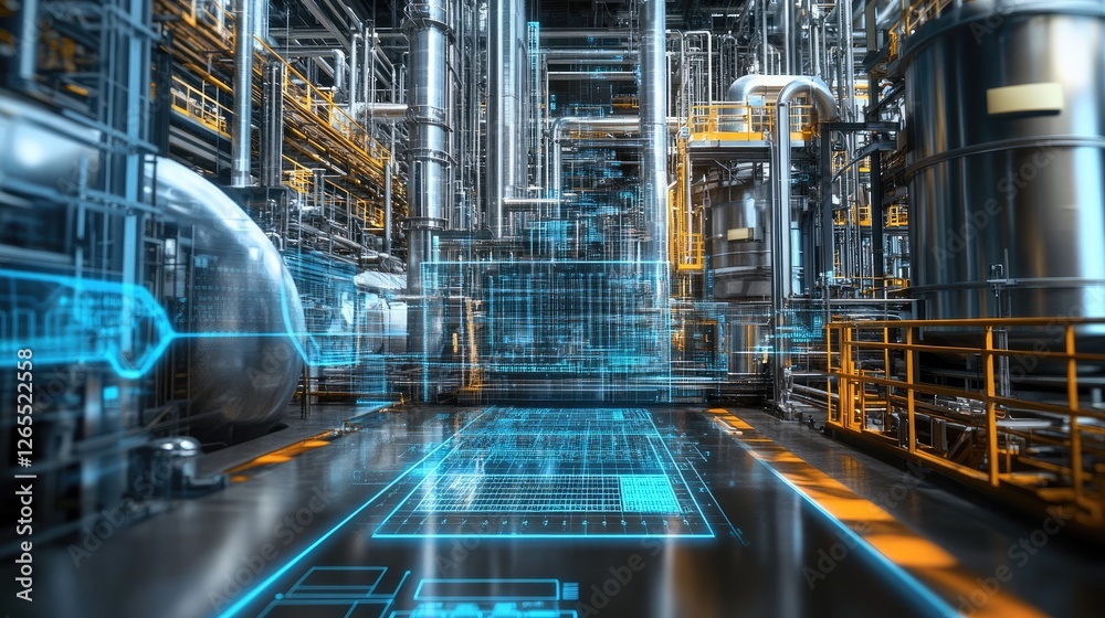 A digital twin representation of an automated industrial plant in a D hologram. A digital twin representation of an automated industrial plant in a D hologram.