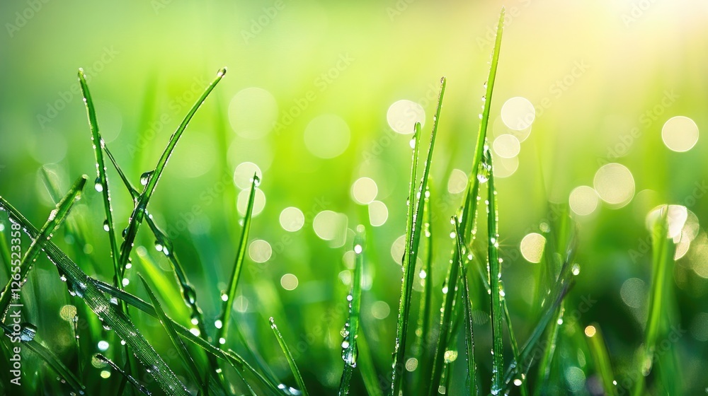Fototapeta premium A fresh morning dew background with soft-focus grass and bokeh light.
