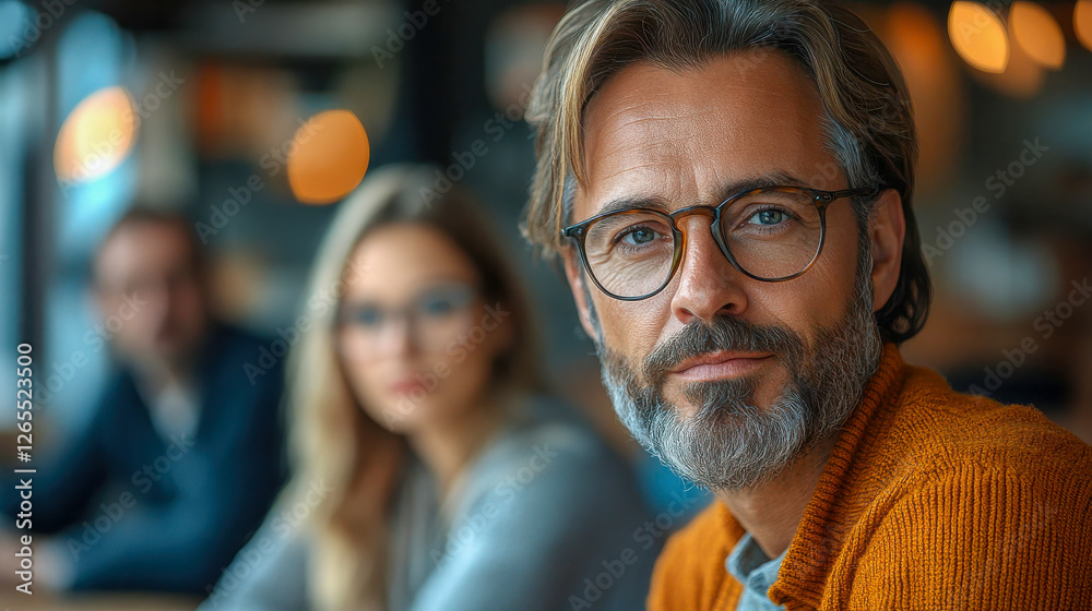 A mature man with a beard and glasses wearing a mustard sweater in a modern office, with blurred colleagues in the background A mature man with a beard and glasses wearing a mustard sweater in a modern office, with blurred colleagues in the background