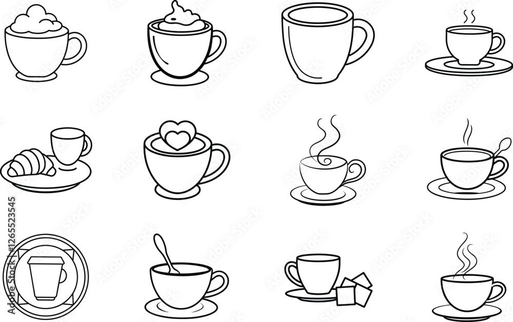 Obraz premium Coffee, Tea, and Hot Beverages Line Art Icons Collection