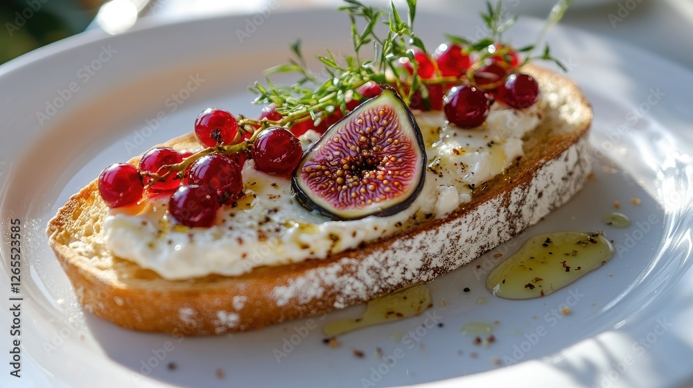 White ceramic plate with delicious toast spread with cream cheese, figs, red currants, and golden honey, placed on a bright morning table White ceramic plate with delicious toast spread with cream cheese, figs, red currants, and golden honey, placed on a bright morning table
