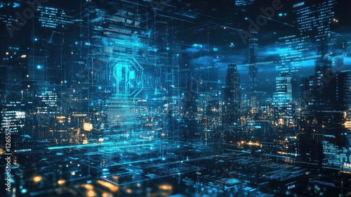 A futuristic cityscape with glowing blue holograms and digital data flow.