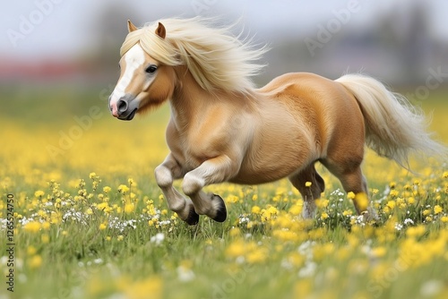 Pony galloping joyfully through a vibrant meadow filled with wildflowers during sunny daylight