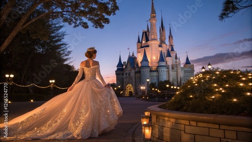 Posing bride in fairy tale wedding dress at night in front of fairy tale castle