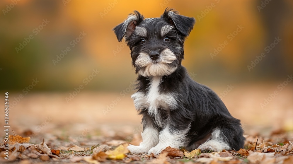 Obraz premium Adorable young puppy sitting attentively in soft natural light with blurred background, captured at f/2.8 in raw style