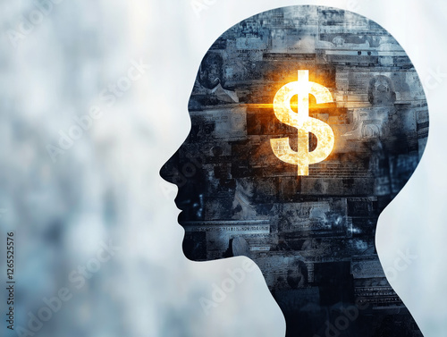 A conceptual silhouette of a human head with a glowing dollar sign inside, representing financial intelligence