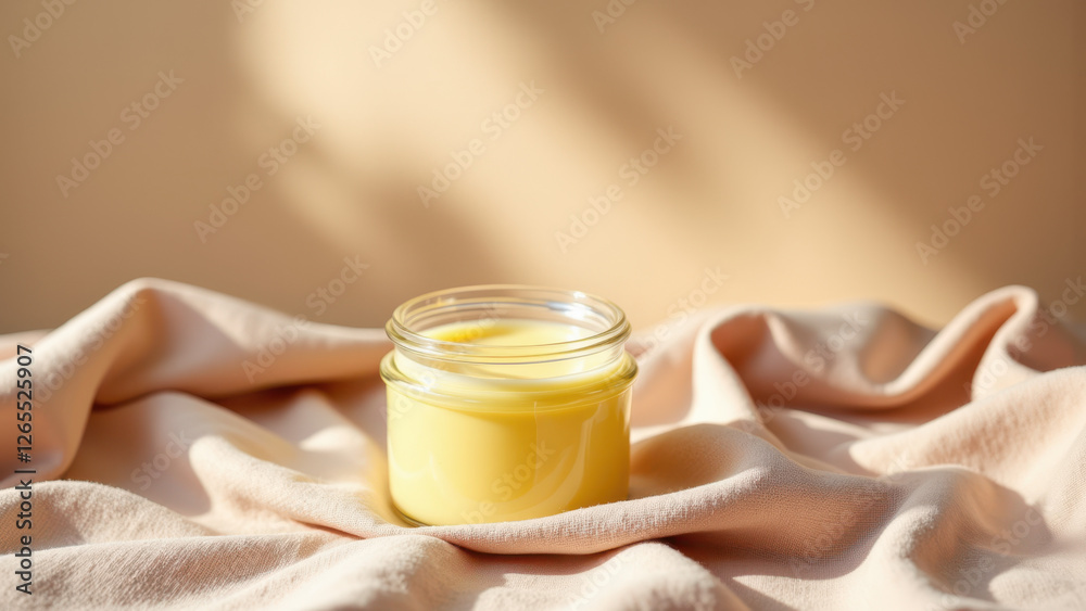 A jar filled with yellowish substance on a soft fabric surface, possibly beef tallow for skincare use.