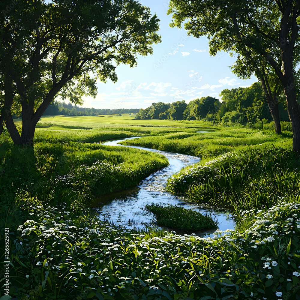 Summer Meadow Landscape with Winding Stream